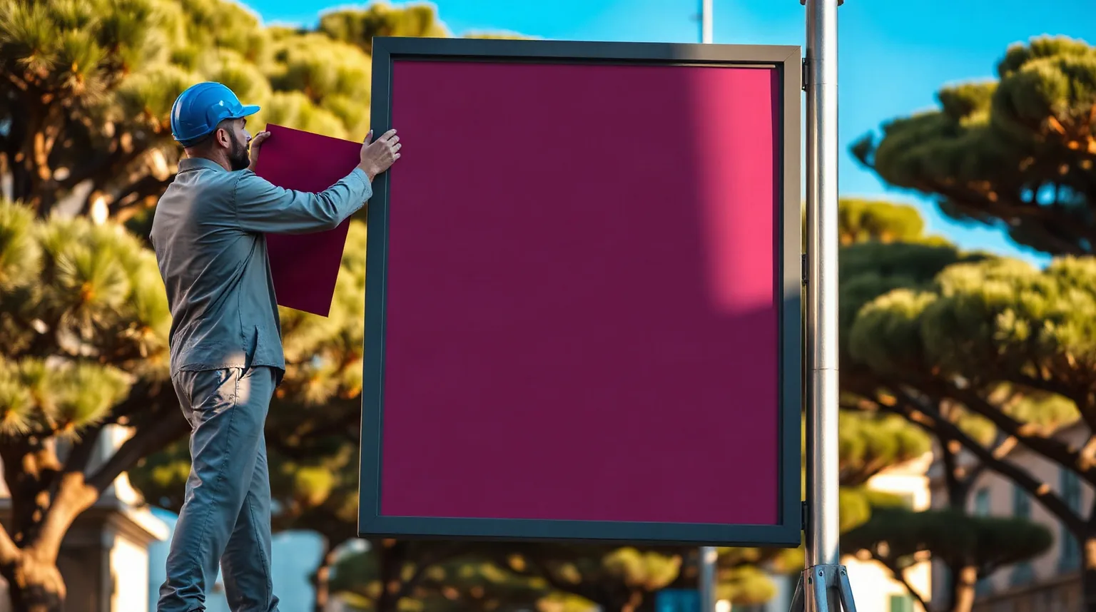Un attacchino col casco appoggia l'ultimo foglio del manifesto magenta sul poster