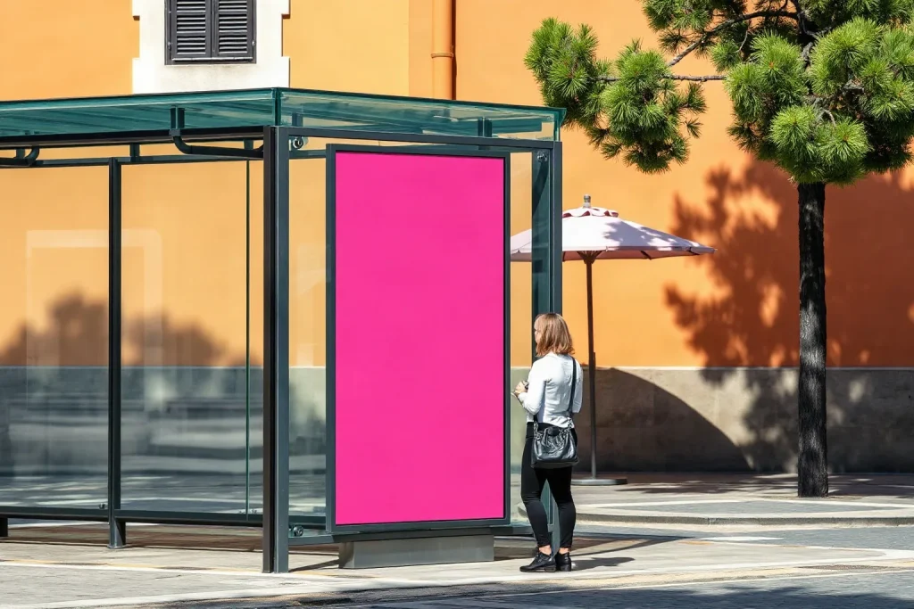 Una signora aspetta l'autobus accanto al pannello magenta di una pensilina