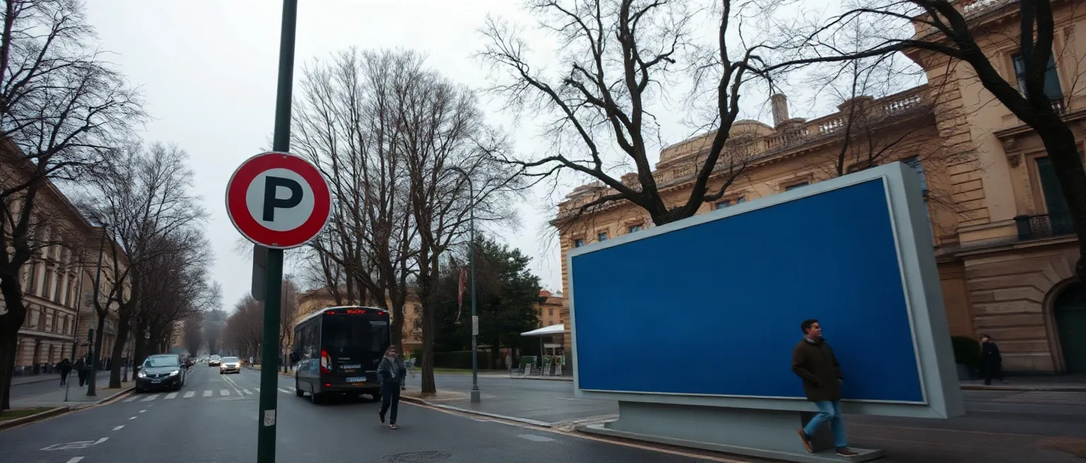 Viale cittadino in cui il segnale stradale e l'impianto pubblicitario stanno a distanza l'uno dall'altro, ben distinti