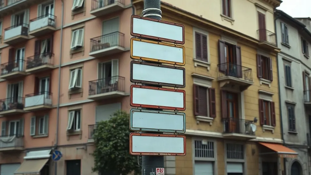 Palo con una serie di targhe pubblicitarie rettangolari impilate una sopra l'altra