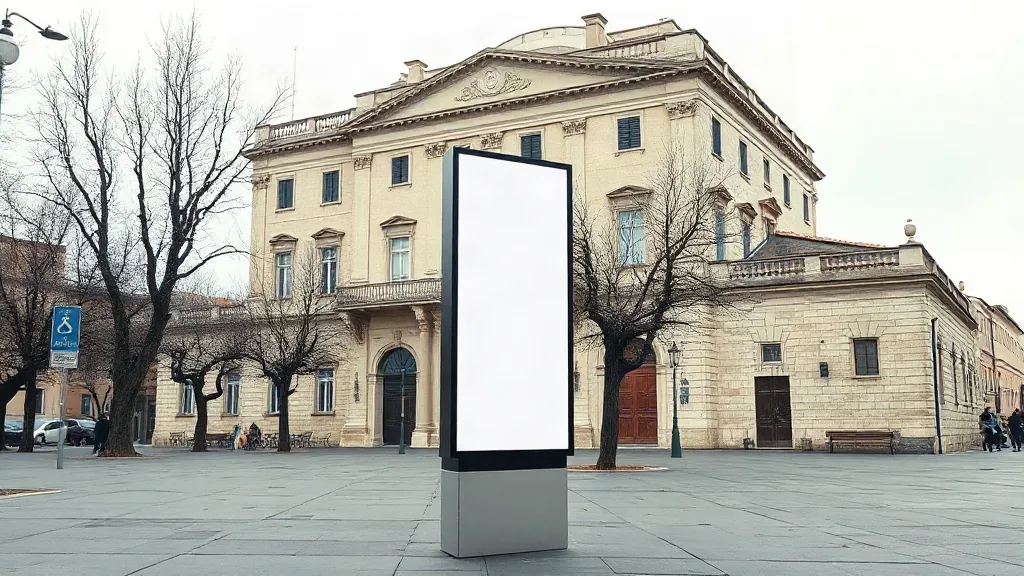 Palina pubblicitaria illuminata su una piazza, davanti a un edificio storico
