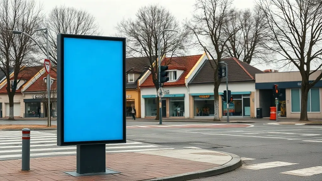 Impianto pubblicitario illuminato all'incrocio, davanti a una fila di negozi