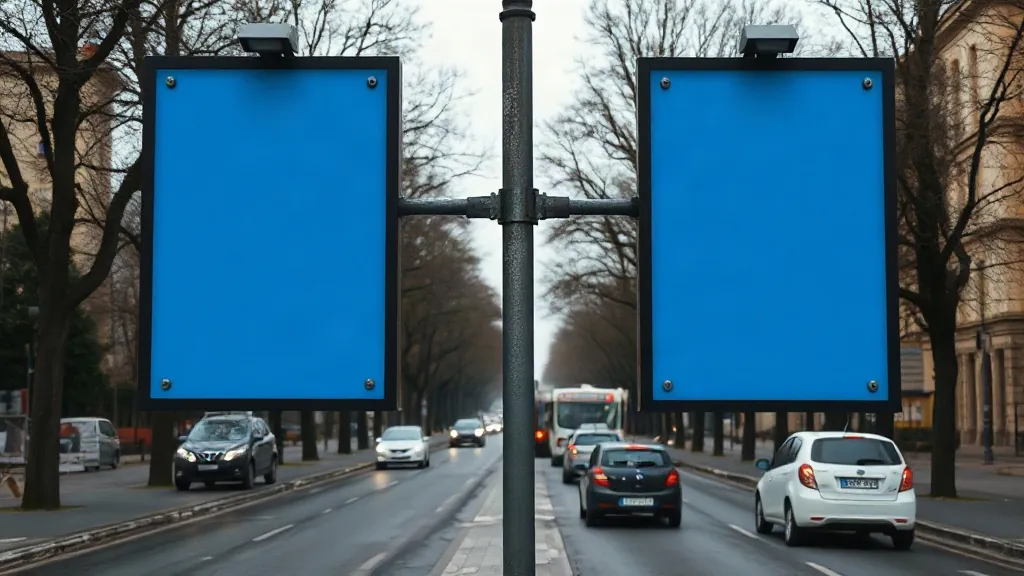 Impianto pubblicitario bifacciale su palo lungo un viale, con le due facce visibili e i fari in cima