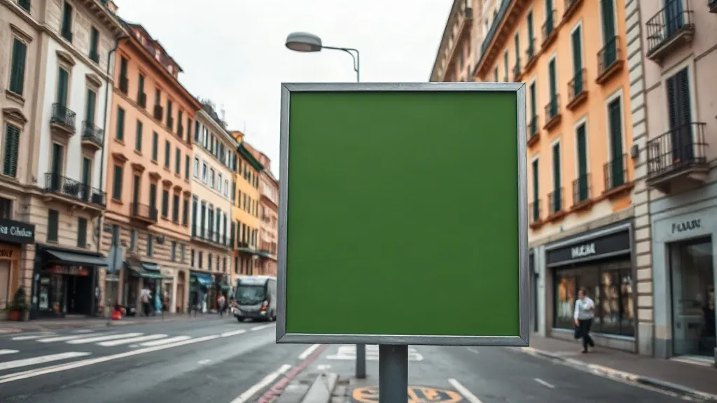 Pannello pubblicitario quadrato su palo, al centro di una via cittadina