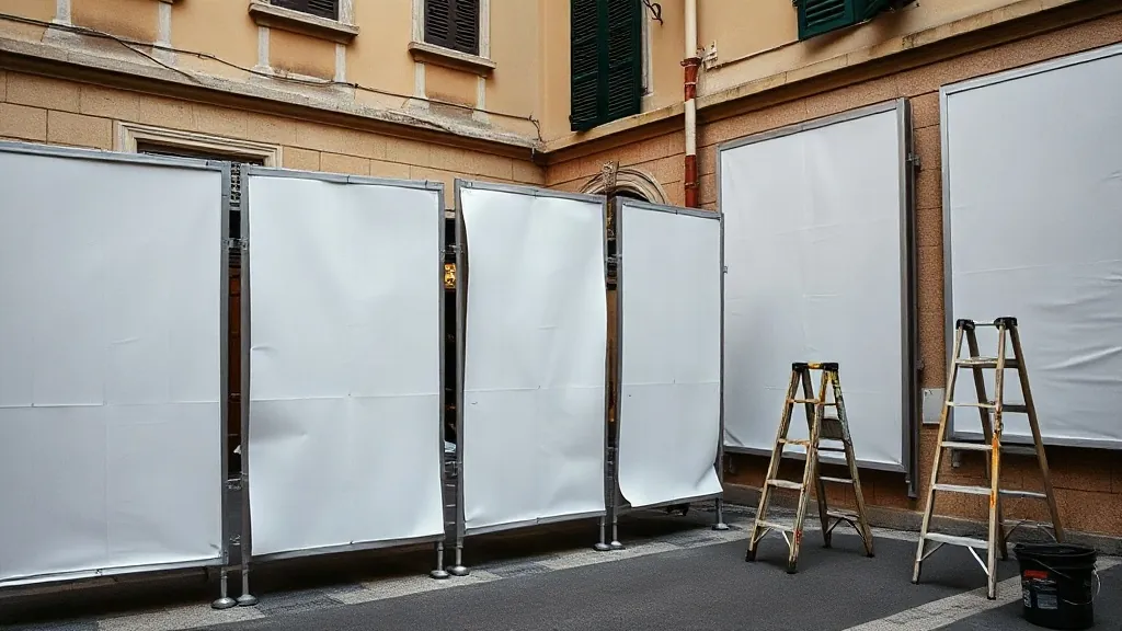 Fila di plance con i manifesti appena affissi, con le scale e il secchio della colla appoggiati accanto