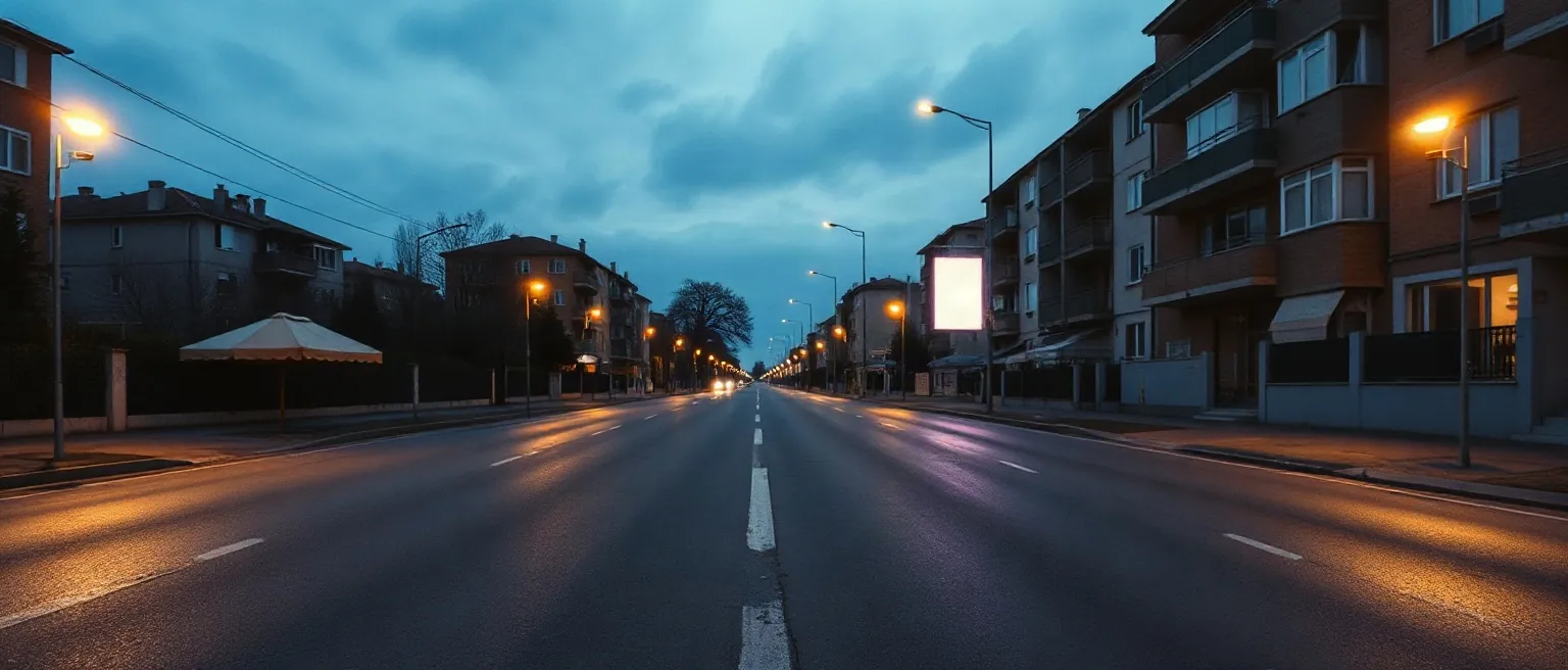 Impianto pubblicitario illuminato lungo un viale deserto poco prima dell'alba, con l'asfalto bagnato che riflette i lampioni
