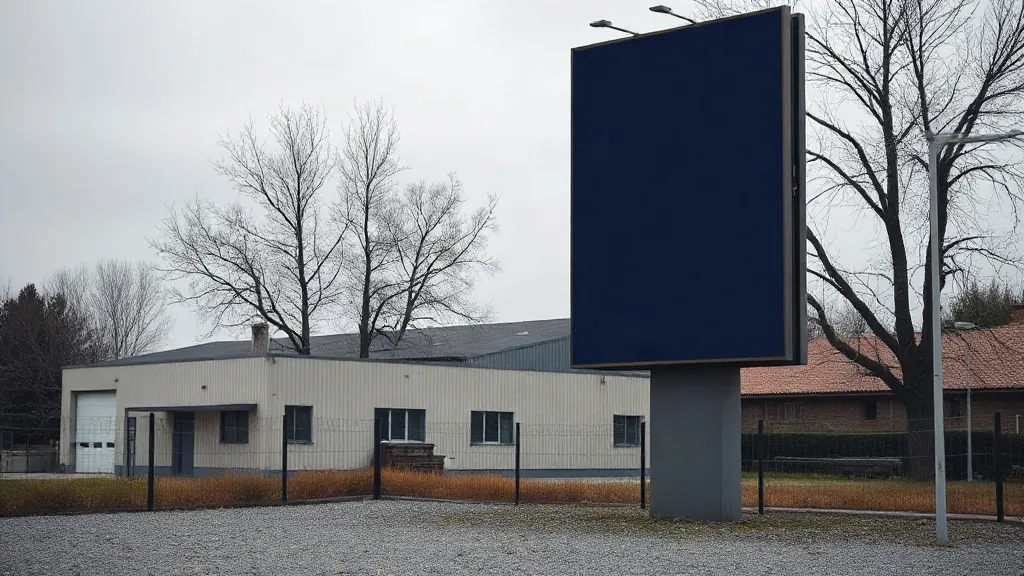 Cartellone pubblicitario installato in un piazzale privato accanto a un capannone, con la recinzione davanti