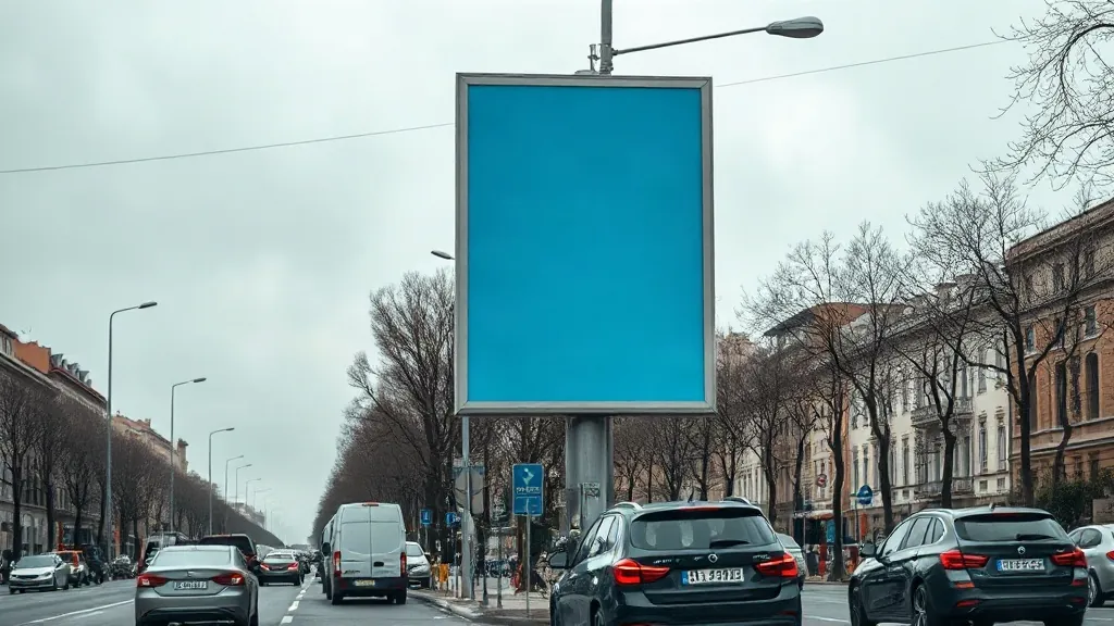 Impianto pubblicitario su palo lungo un viale a scorrimento, visto da lontano con il traffico che passa sotto