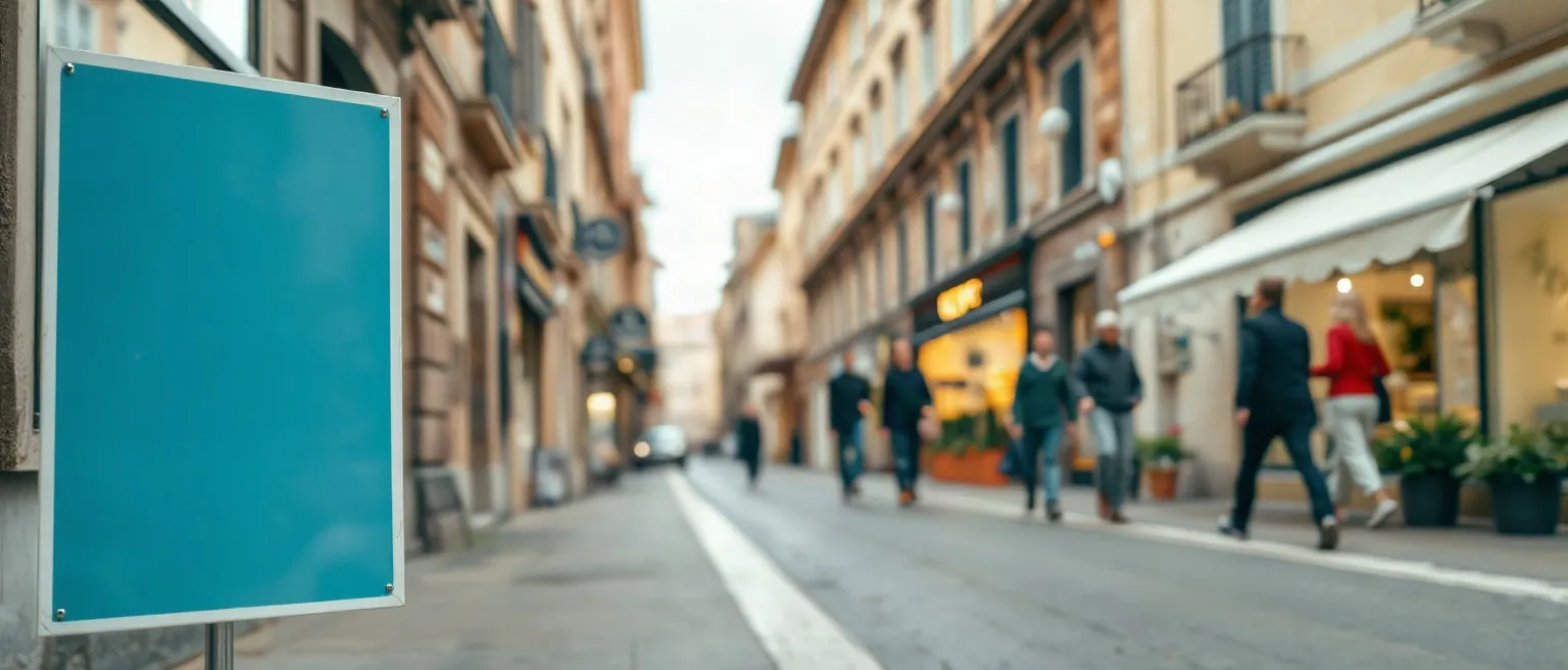 Pannello pubblicitario in primo piano su una via commerciale, con le vetrine e i passanti sfocati sullo sfondo