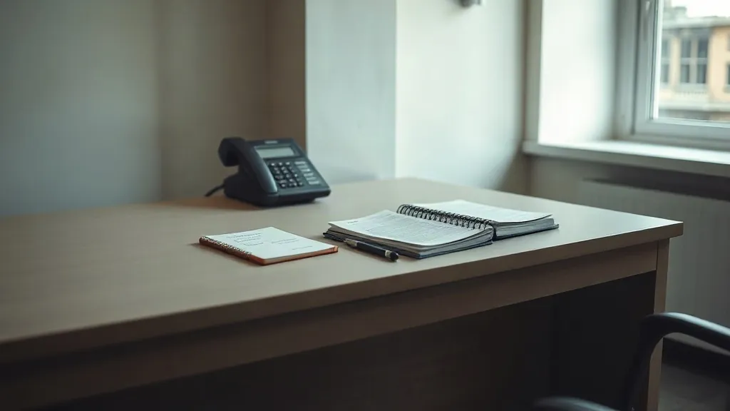 Telefono fisso e agenda aperta sulla scrivania di un ufficio, con la luce che entra dalla finestra