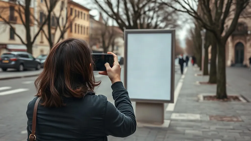 Persona di spalle che fotografa con il telefono un manifesto affisso, per la prova di affissione