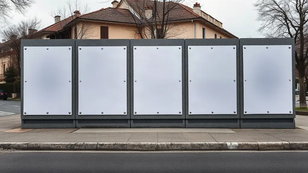 Fila di plance affiancate a bordo strada con i fogli ancora bianchi, in attesa dei manifesti