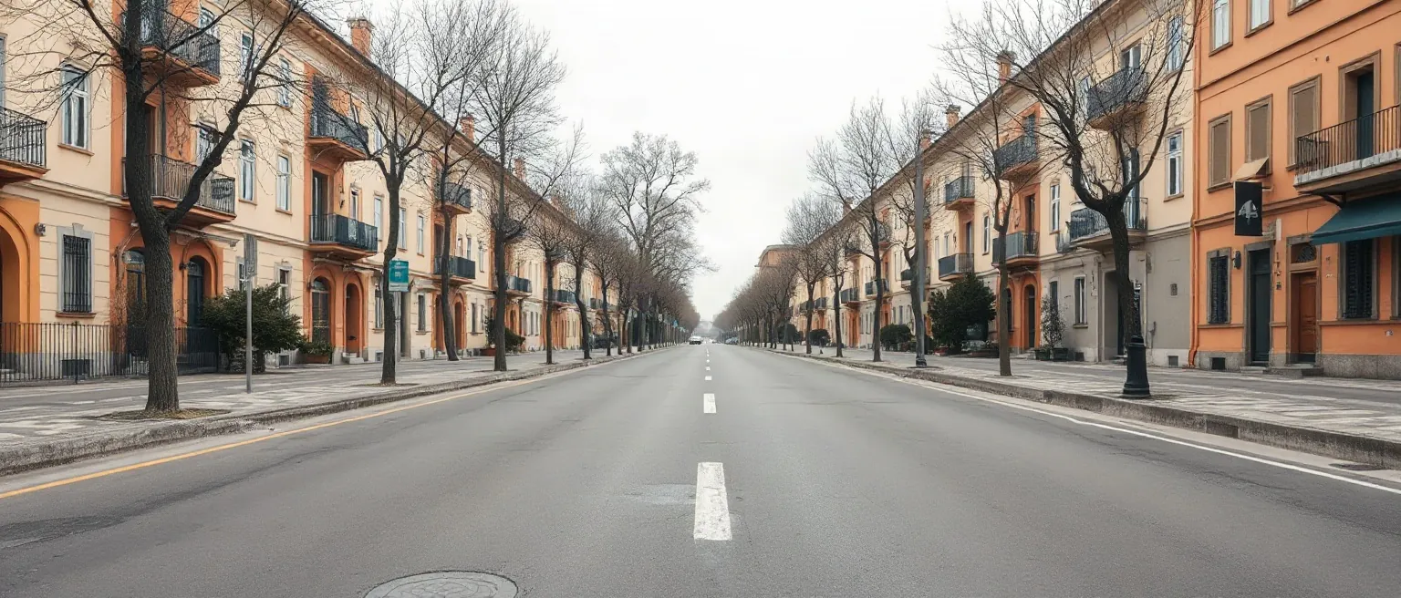 Viale alberato deserto in una giornata feriale coperta, senza manifesti sui muri