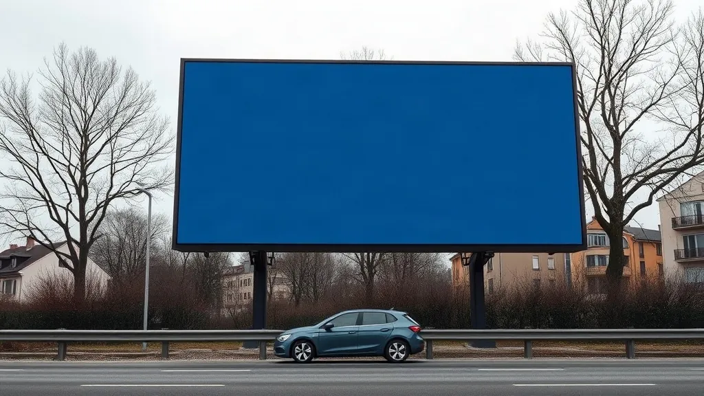 Cartellone pubblicitario di grande formato lungo una strada urbana, con un'automobile parcheggiata sotto che ne fa capire le dimensioni