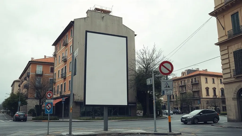 Incrocio urbano in cui un impianto pubblicitario e i segnali stradali sono chiaramente distinti fra loro