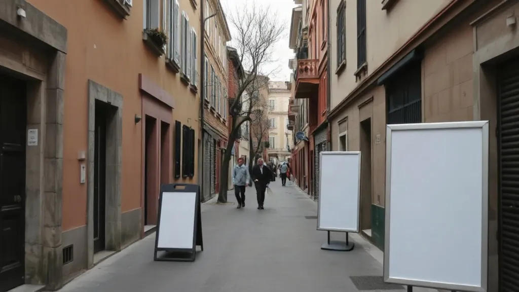 Via di quartiere con pannelli pubblicitari di piccolo formato ai lati del marciapiede e alcune persone che passano