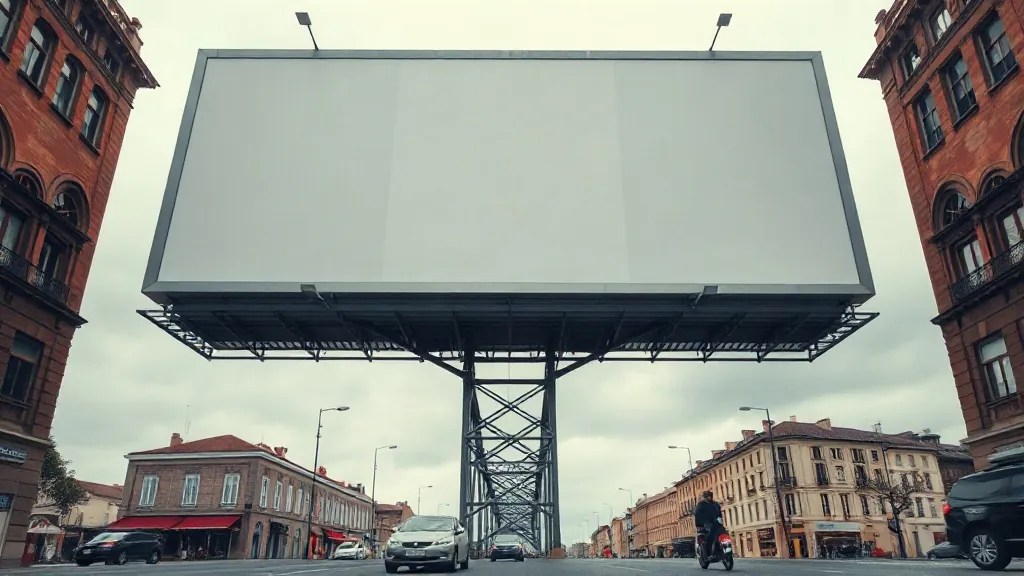 Impianto pubblicitario di grande formato visto dal basso mentre attraversa la strada, con le automobili sotto che ne fanno capire le dimensioni