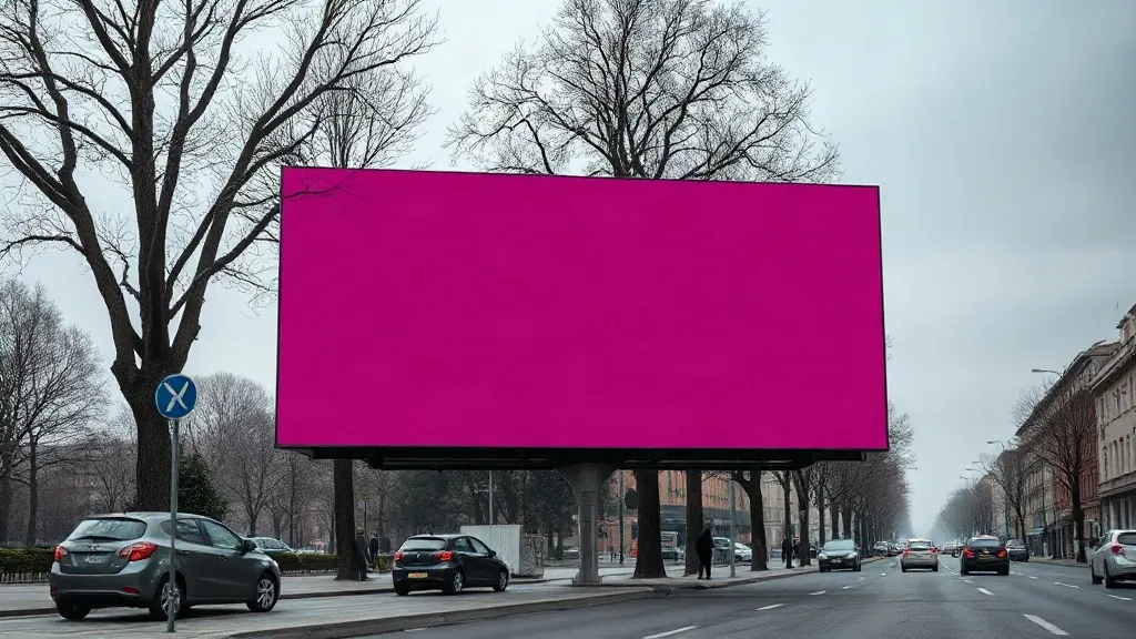 Grande impianto pubblicitario con un manifesto a tinta unita, visto da un viale alberato in una giornata coperta
